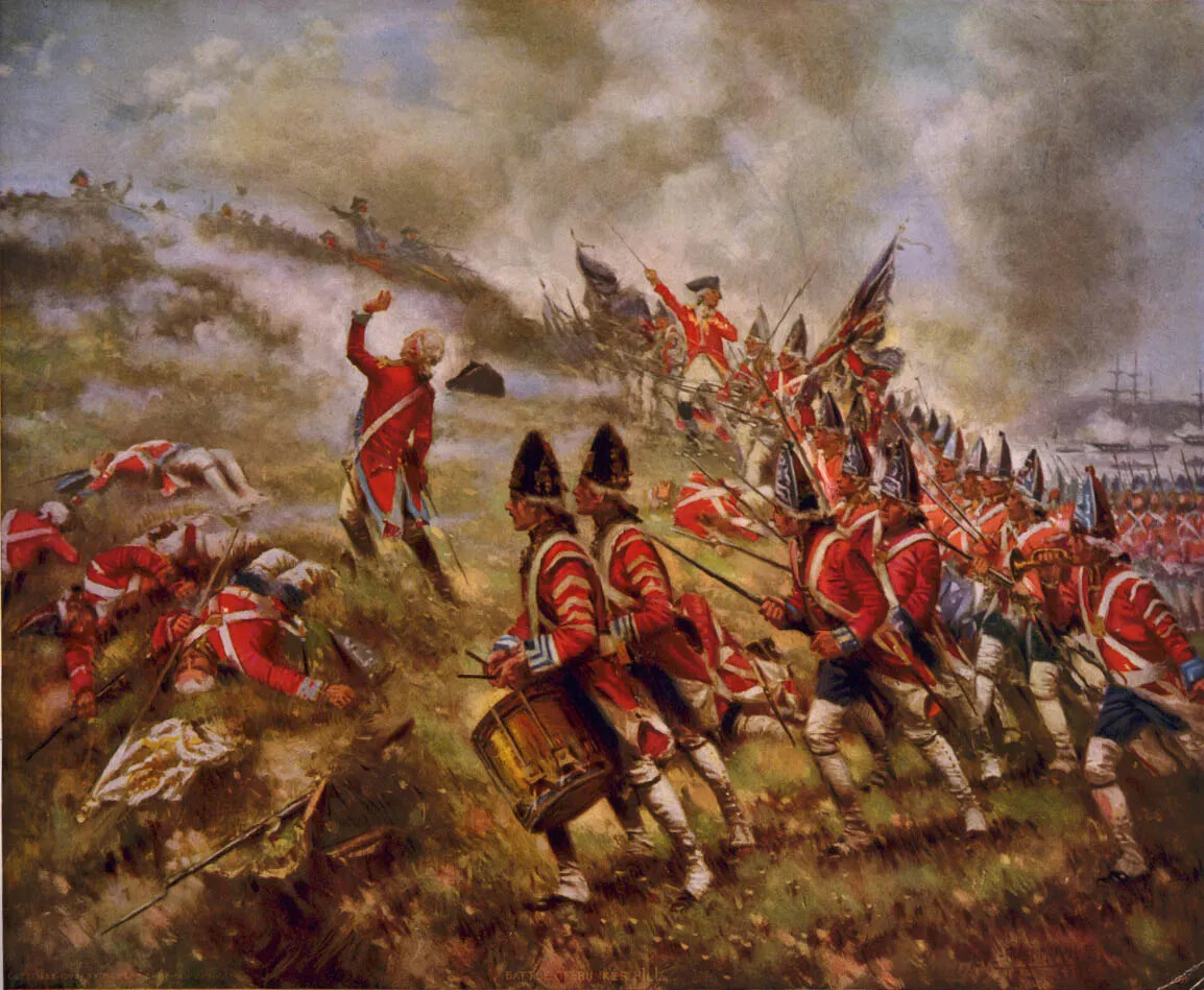  Soldiers wearing late-1700s uniforms with red coats and blue pants run up a hill in a painting. They hold muskets with bayonets. Some are leading the charge, some are drumming, and some hold British flags. On the left side, there are soldiers struck down. One soldier appears to be falling. In the distance, smoke from a battle rises and large ships are visible. 