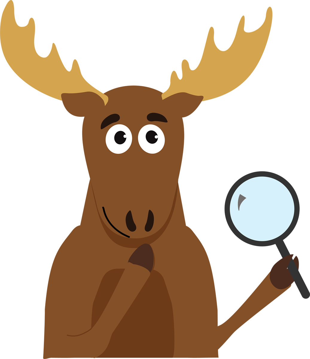 Cartoon moose holding a magnifying glass with a curious expression.