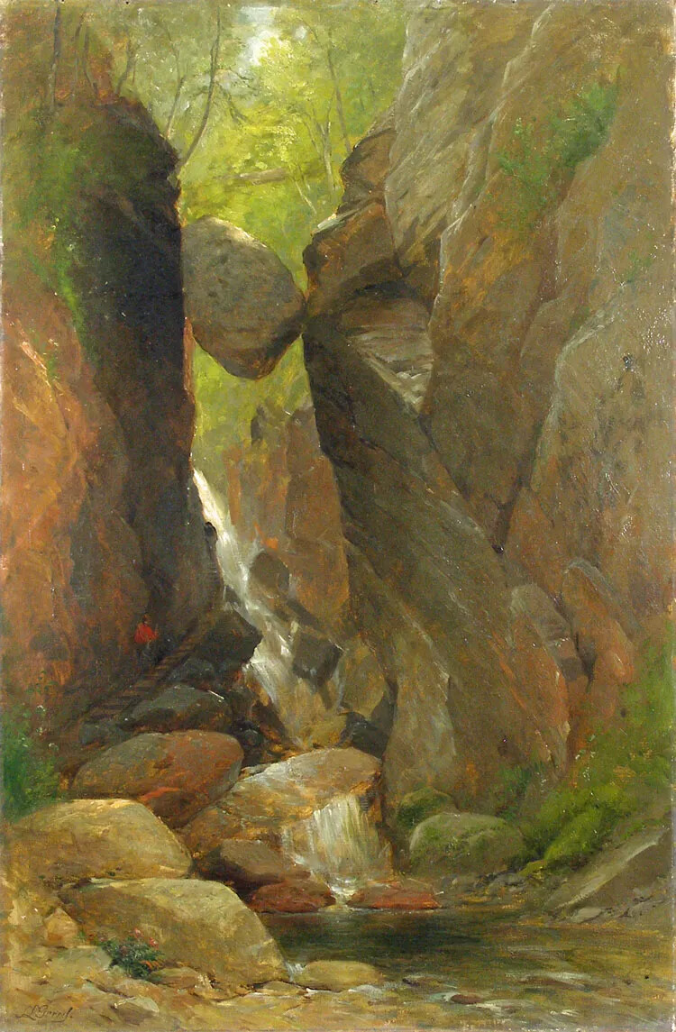 A colored painting of a boulder stuck between two walls of rock. Along the tops of the rock walls are a few trees. Beneath the boulder is a small waterfall and stream.