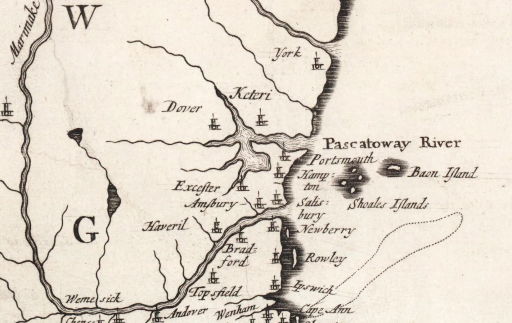 A close-up of a black and white horizontal map, showing a piece of land that borders a body of water. Several names of towns are written onto the piece of land, with each next to a little drawing of a church.