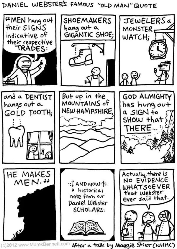 A series of nine small boxes, three boxes wide by three boxes deep, in which animated stick-figures tell a story in a comic strip. The title of the comic strip is "DANIEL WEBSTER'S FAMOUS 'OLD MAN' QUOTE."
