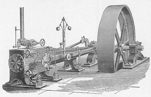 A black and white drawing of a large wheel attached to a long piece of machinery with many gears and pumps on its side. Almost half of the wheel is submerged in a hole in the floor.