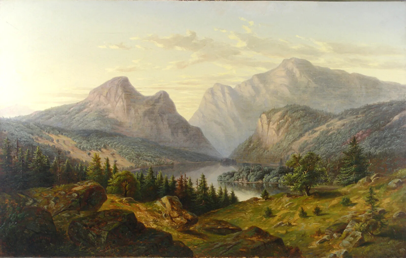 A colored painting of a forested landscape. Tall mountains can be seen in the distance of the painting, and there is a small body of water that sits among the wooded landscape.