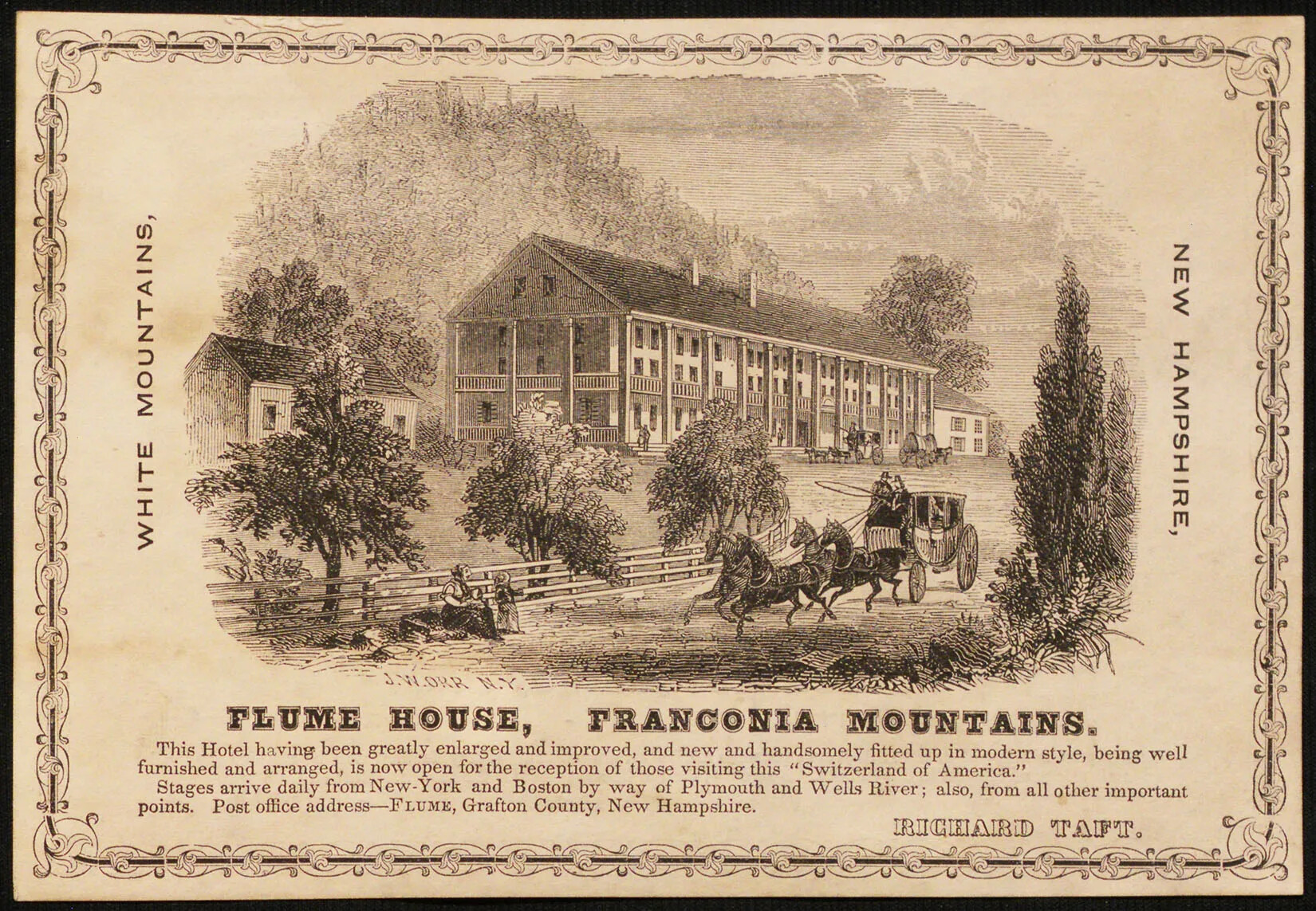 A black and white drawing of a multi-storied house, with large front porches off of the first and second floors. A stagecoach pulled by four horses travels on a tree-lined road to the left of the house, and two other horse-drawn carriages wait directly in front of the building. Words in black text are placed around the drawing. The words "WHITE MOUNTAINS" are placed sideways along the left side of the drawing, and the words "NEW HAMPSHIRE," are placed sideways along the right side. In bolded black text, the words "FLUME HOUSE, FRANCONIA MOUNTAINS." followed by a small paragraph of text in smaller font, are placed along the bottom border of the drawing.