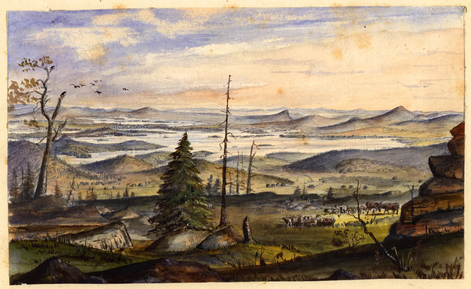 A colored painting of a large body of water surrounded by mountains and large green hills.