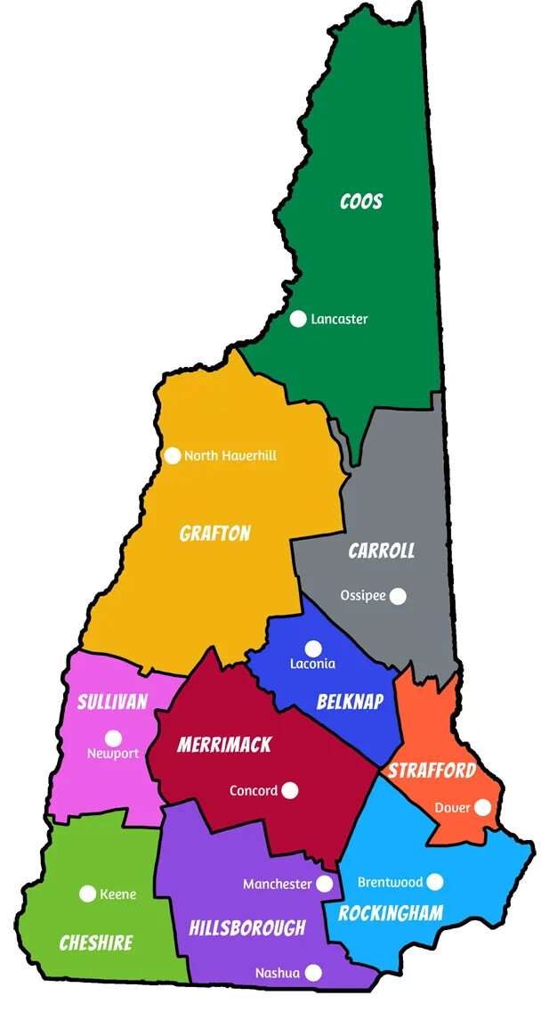 A colored map of New Hampshire, with different parts of the state highlighted in different colors. In each colored section, text in white, capitalized lettering is placed in the center of the sections. Surrounding the words are small white dots next lettering in smaller white text.