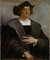 Formal painting shows the torso and head of a man with a Middle Ages-style dark clothing and a formal hat. He has chin-length curly brown hair, is slightly frowning, and has one hand on his chest.   