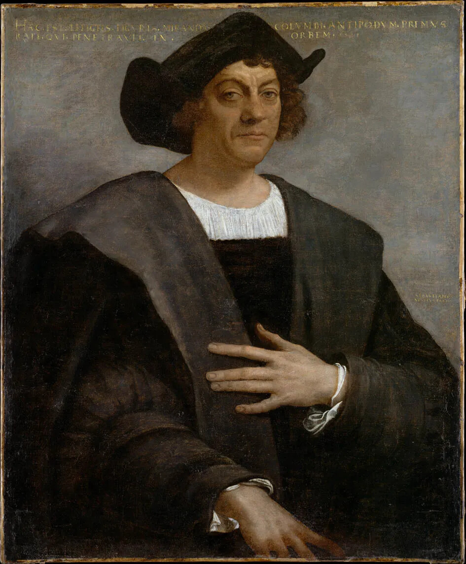 Formal painting shows the torso and head of a man with a Middle Ages-style dark clothing and a formal hat. He has chin-length curly brown hair, is slightly frowning, and has one hand on his chest.   