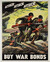 A colorful poster shows soldiers running up and over a mound of earth. They have helmets, uniforms, backpacks, and rifles with bayonets. Two are on the top of the mound, and more soldiers are running behind them along with a tank. In the distance behind them, there is a beach with more soldiers and boats in the water. Overhead, there are clouds and small airplanes flying in the same direction as the soldiers are running. In the clouds above it reads "ATTACK ATTACK ATTACK" and below, "BUY WAR BONDS." 