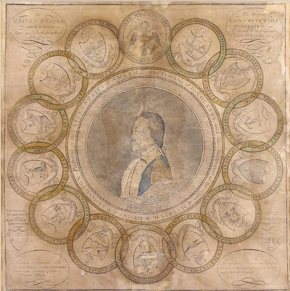 A colored drawing of a man facing to the left in the center of a large circle. Surrounding this circle are 14 smaller circles intertwined with one another. Inside the smaller circle at the top of the page is a bird with its wings held out on either side. The other 13 circles contain crests with different symbols on them.