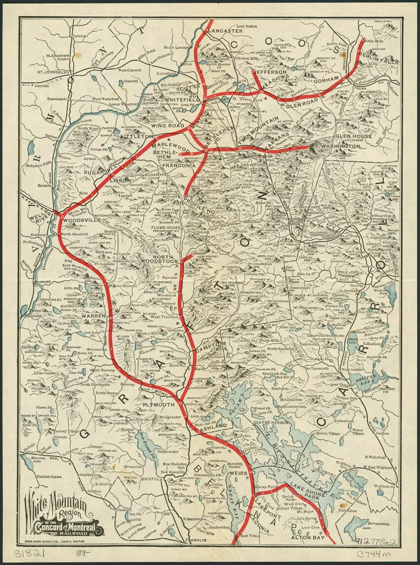 A black and white drawing of a mountain region on white paper. There are several bolded red lines moving through mountain symbols and along lakes and rivers. The title of the map, place in the bottom left-hand corner in black text, reads "White Mountain/Region/OF THE/Concord and Montreal/Railroad."