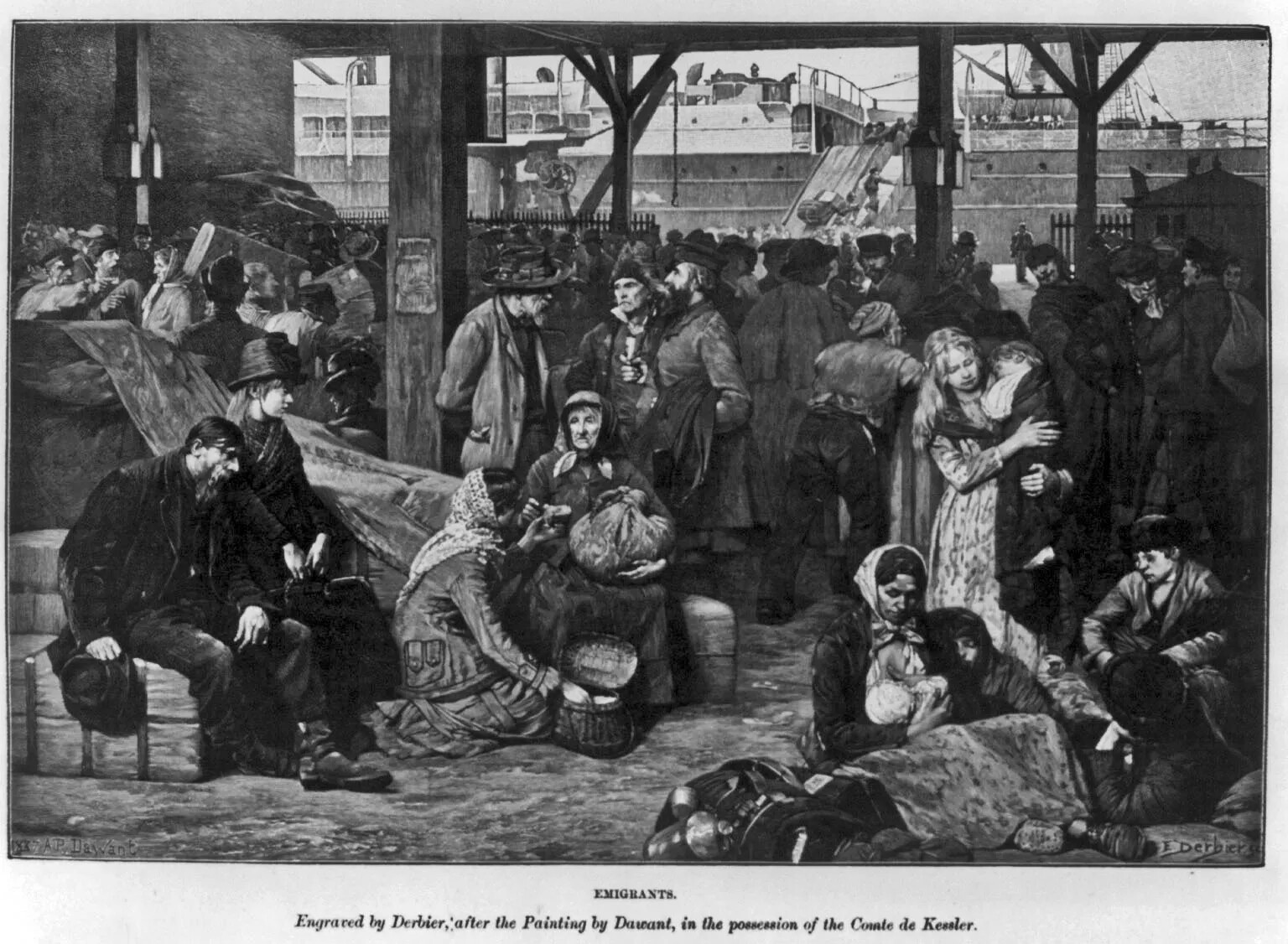 A black and white drawing shows people crowded under an overhang. They sit on the ground, huddle together, or stand in groups. They are wearing traveling clothes, like long coats, shawls, head coverings, and they carry bundles. In the background is a steamer ship with a gangway being set up.  