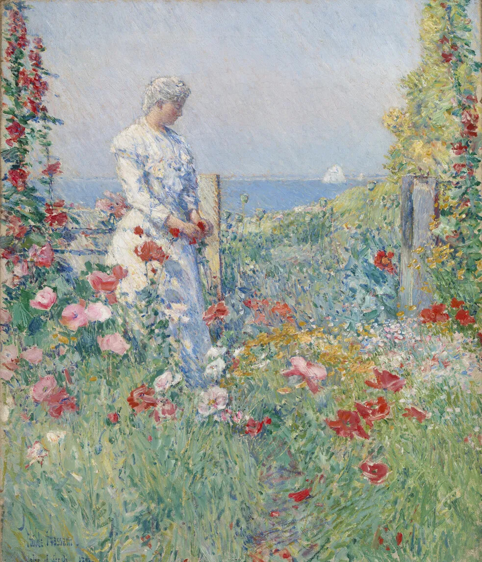 A colored painting of a women in a white dress standing in her garden. The garden is full of red, pink, and white flowers, and in the background, a sailboat sails on a blue body of water.