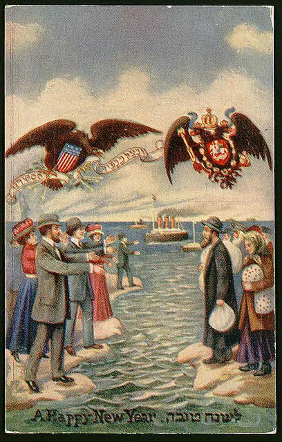 A colored, vertical postcard of two groups of people standing on either side of a body of water. The people standing on the left side of the postcard have their arms stretched out towards the people on the right side. The people on the right side are carrying bundles. Above the people on the left is a large eagle with the American flag on its chest. It is holding a scroll with words written in another language with its claws. Above the people on the right is a double-headed eagle, which wears a crown and is holding a scepter and orb in its claws. On its chest is a red crest with a man riding a white horse on it. Behind the groups of people are three ships with large smokestacks.