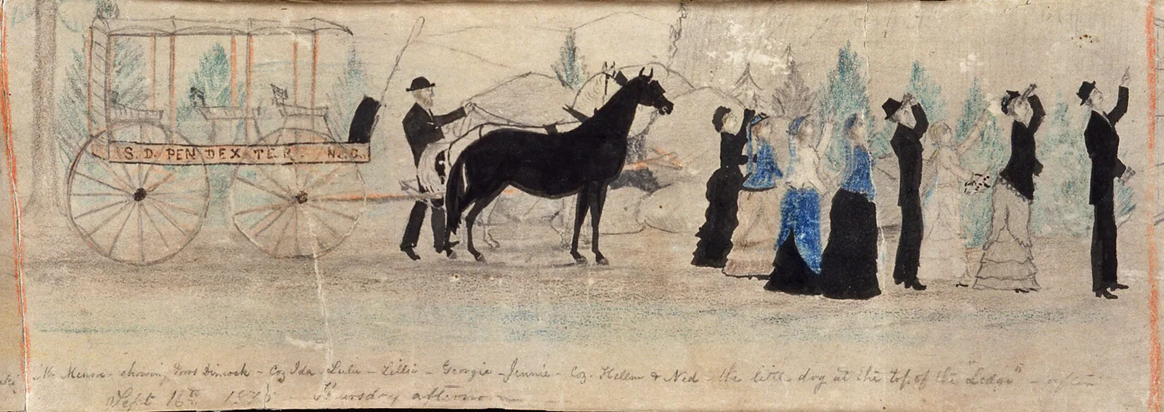 A colored drawing of a group of men and women looking up at mountain range to the right, and a man standing with two horses and a carriage to the left. The women wear long skirts, jackets, and hats, and the men wear black pants, boots, jackets, and hats. Some of the men and women use binoculars to view the mountains.