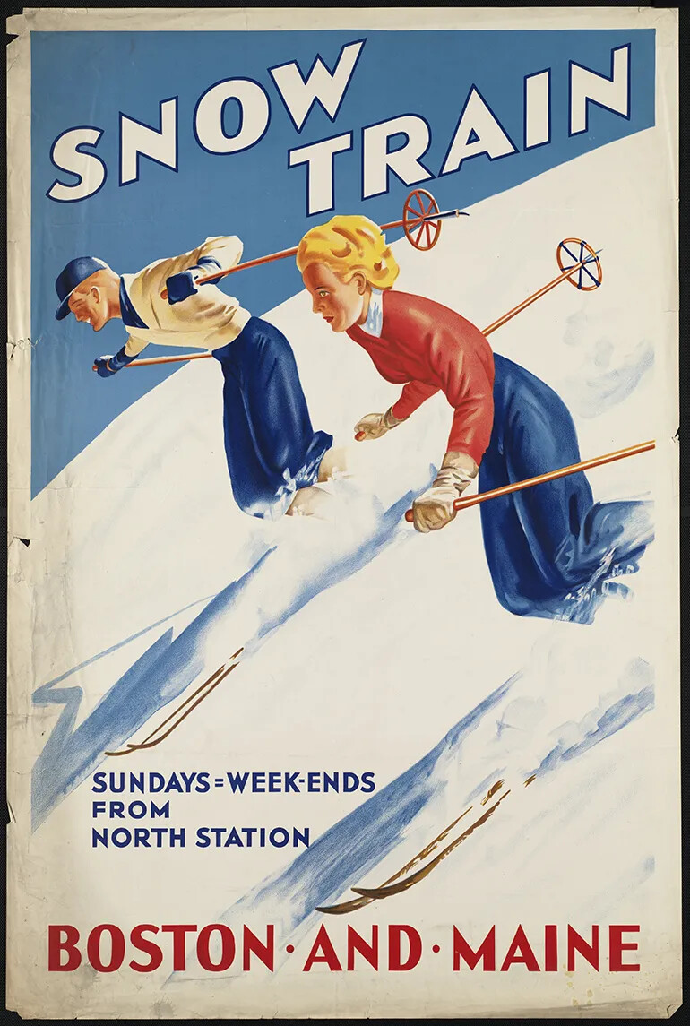 A vertical colored poster of a man and a woman on skis, skiing down a snowy mountain. There is text shown above and below the skiiers. The words above the skiiers read "SNOW/TRAIN" and words beneath the skiiers read "SUNDAYS = WEEK-ENDS/FROM/NORTH STATION/BOSTON AND MAINE."