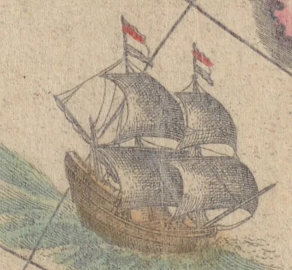 A colored painting of a ship with two tall masts, floating on a body of water. The masts are topped with red and white-striped flags.