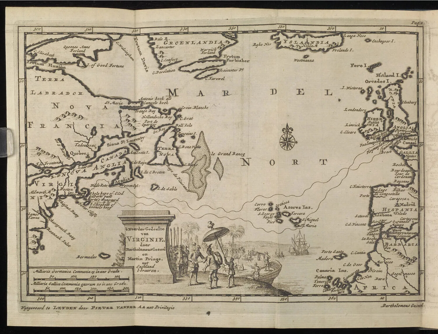 A black and white horizontal map of pieces of land and a body of water. The typed, black text on the map is in another language.