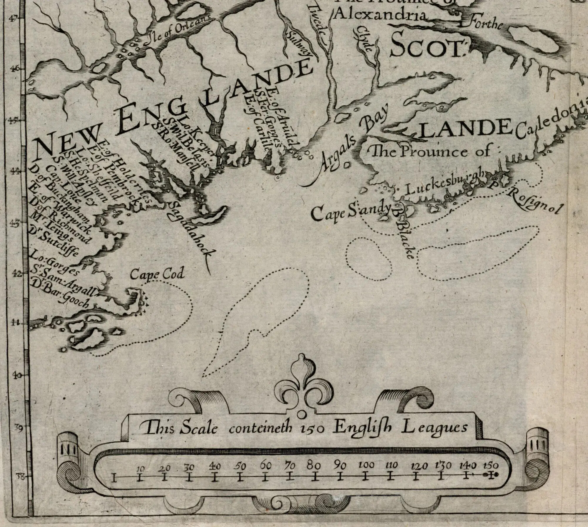 A close-up of a black and white map of a coastline along a body of water. The coastline is labeled as "NEW ENGLANDE" and "SCOT/LANDE" in large font, and the land closest to the coastline is labeled with several people's names in smaller font. The map's scale can be found along the bottom border of the map.