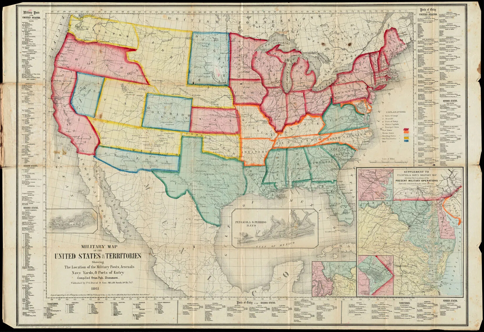 A colored horizontal map of the United States. The states are all colored in either red, yellow, orange, green, or blue. The title of the map, located in the lower left-hand corner, reads "MILITARY MAP/OF THE/UNITED STATES TERRITORIES."