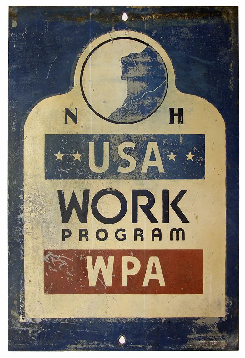 A vertical blue and white sign. On the sign is a circular drawing of a rock formation in the shape of a man's face and the words "NH/USA/WORK PROGRAM/WPA" on top of a red, white, and blue background.