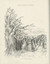 A black and white sketch shows an outdoor scene with a large tree with a thick trunk on the left. Under it a man stands with his arms outstretched to the sky. Facing him are a crowd of people, some sitting in front and some standing. The women wear long dresses and the men suits; most people wear hats. In the distance, there are clouds and many trees. 