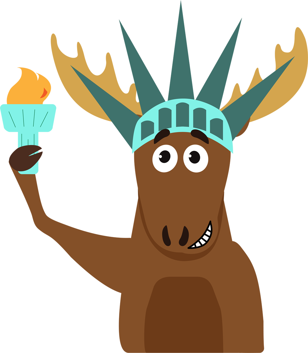 Moose wearing a Statue of Liberty crown, and holding a torch.