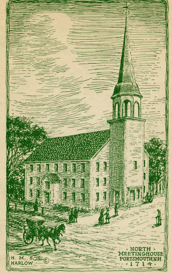 A drawing of a church with a tall steeple, drawn in green ink. People walk or ride in horse-drawn carriages on the sidewalks and road in front of the church. The title of the drawing, located in the lower right-hand corner, reads "NORTH/MEETINGHOUSE/PORTSMOUTH, NH/1714."