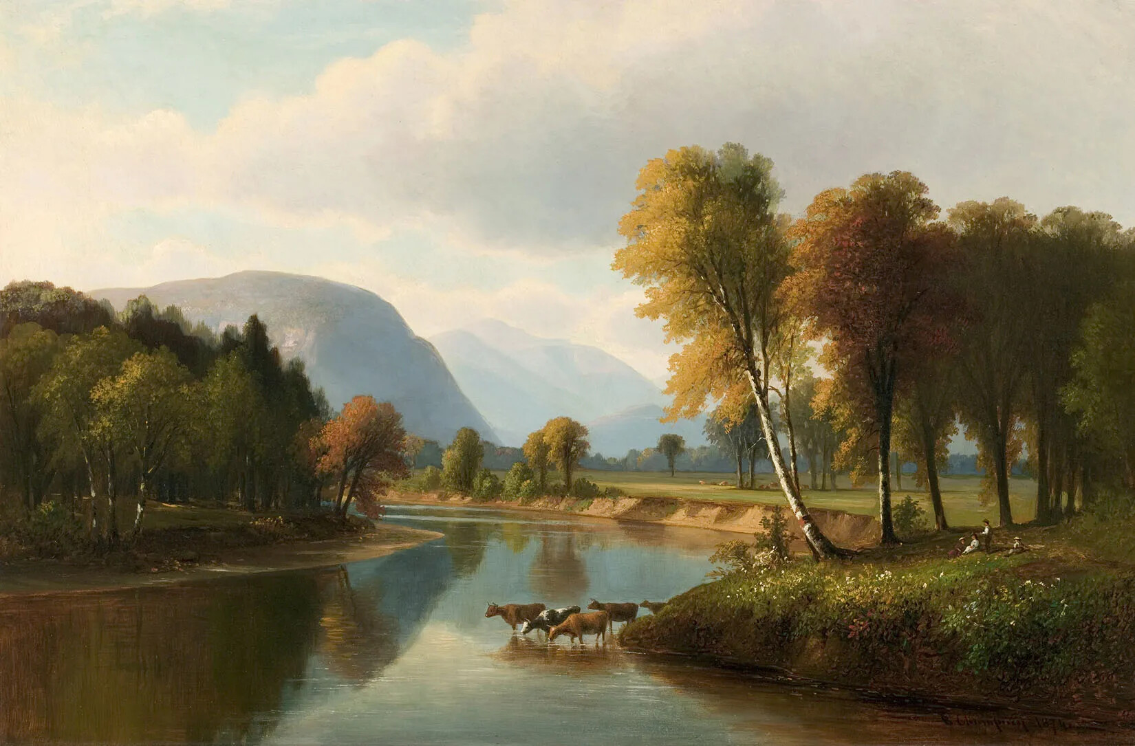 A colored painting of a wide river and a mountain range in the background. Along the river bank are raised flat grasslands covered with trees. A group of cows crosses the river in the center of the painting. 