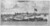 A black and white drawing shows a view of a landscape. A river enters from the right side, and land surrounds it in a bay. There is a large sailboat on the river. In the center is a series of buildings with some towers connected by walls. There is a large flag hanging over the right side of the walls. A village is further away on the left side. Two figures stand on rocks in the foreground. At the bottom is script writing  identifying various features in the drawing. 