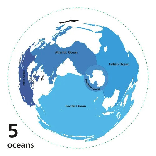 A colored map of the world's oceans. Each of the five oceans are colored in different shades of blue.
