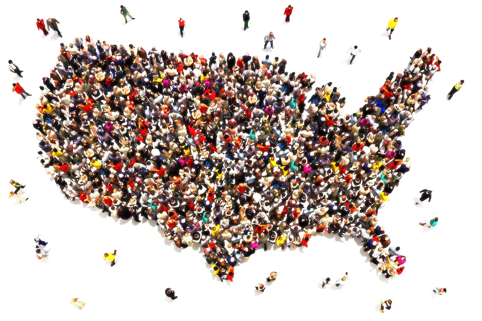 A colored cartoon drawing of a map of the United States, as created and outlined by people.