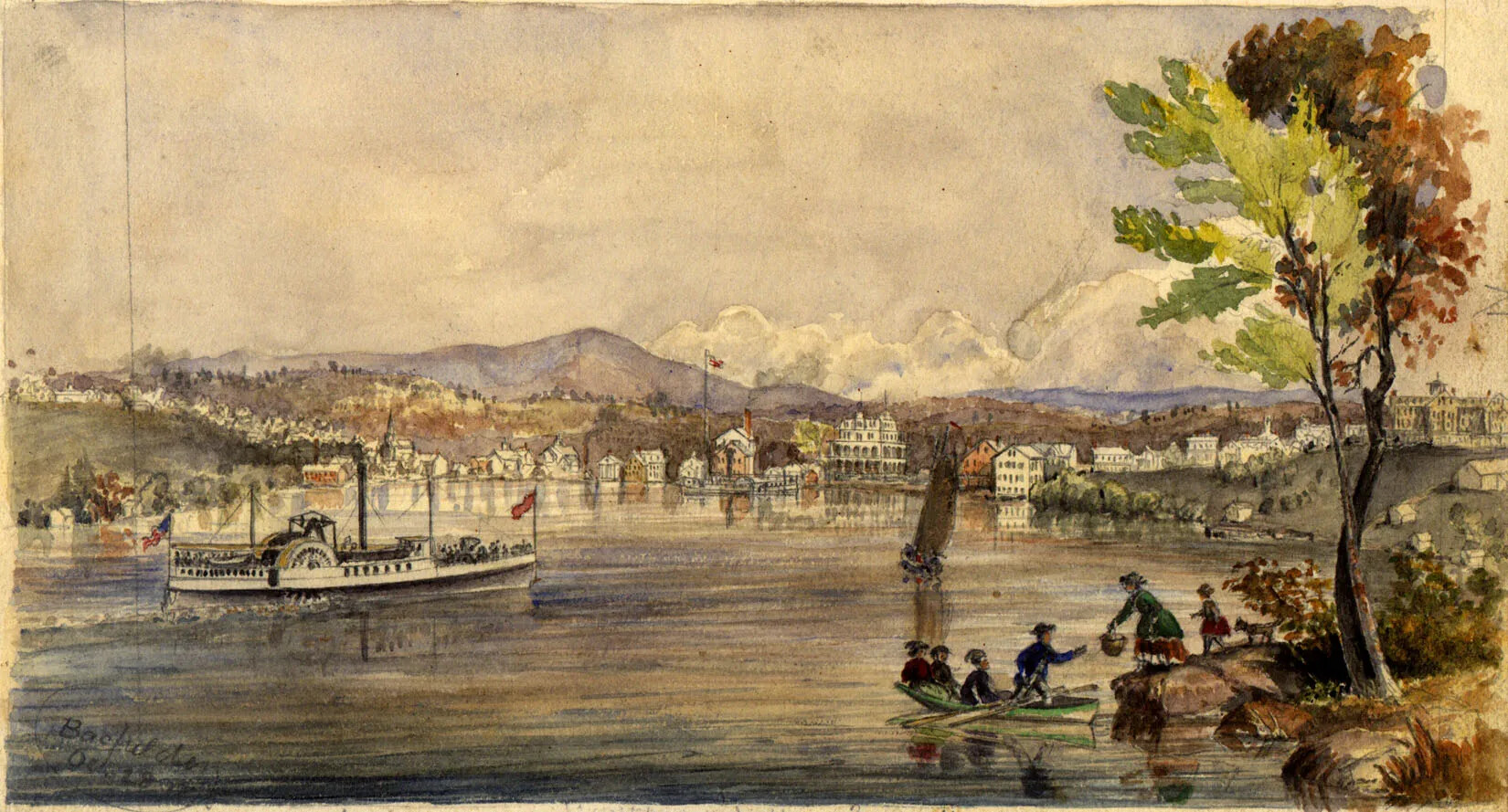 A color watercolor painting shows a water level view of Lake Winnipesaukee. A steam paddle wheel boat approaches a small town in a harbor bordering the lake in center ground. There are a group of figures on right, getting into a rowboat. It is signed and dated in the lower left by the artist.