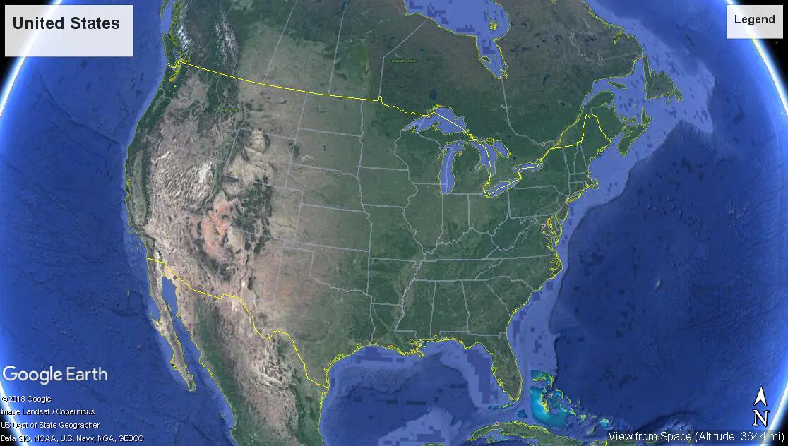 A colored, up-close screenshot of the United States surrounded by the Atlantic and Pacific Oceans from Google Earth. Parts of Canada are seen along the upper border of the image, and parts of Mexico are seen at the center of the lower border. The land mass is green and the two oceans are blue. The individual states are outlined in white, and the country as a whole is outlined in yellow.