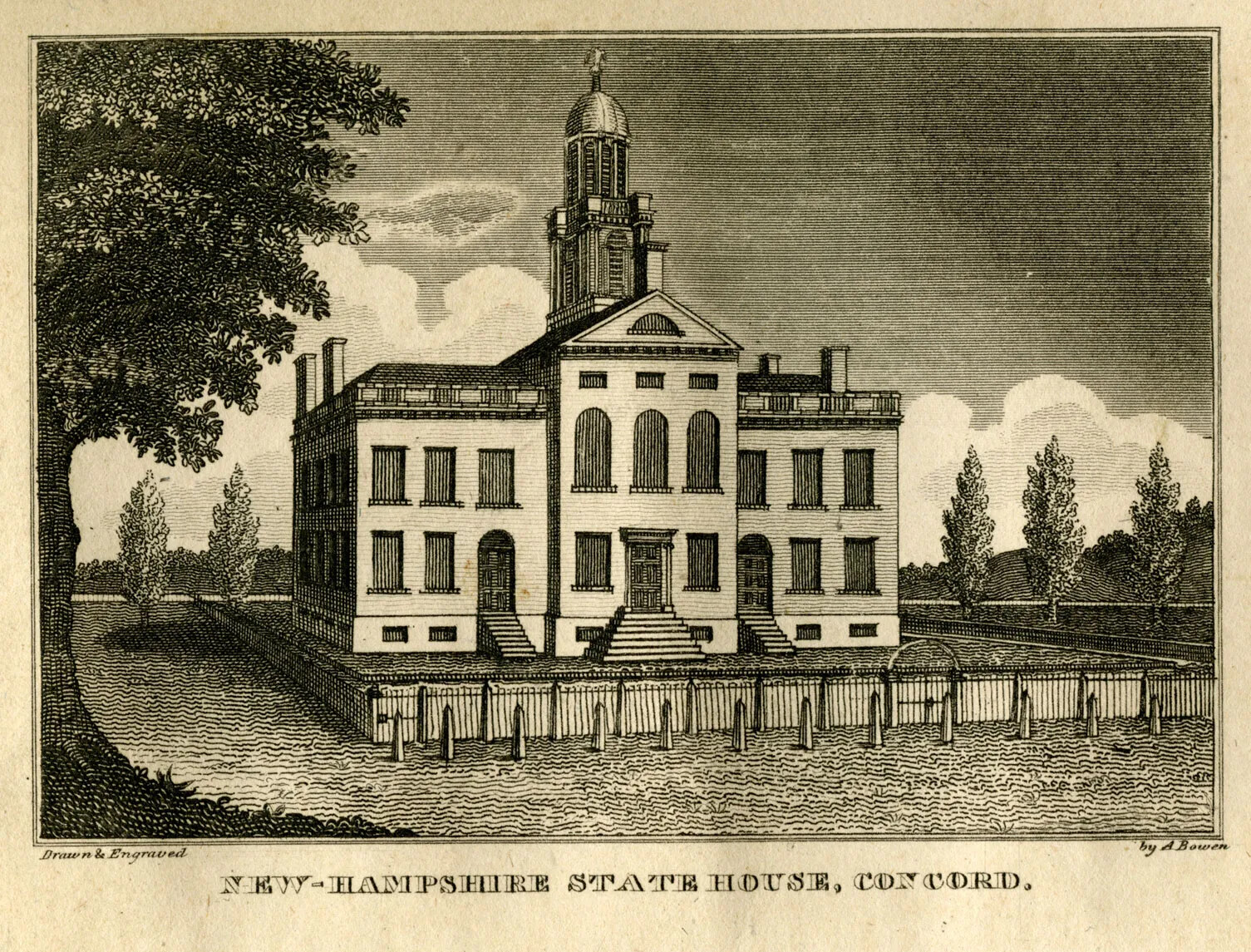 An engraving shows a large, stately building with rows of windows, four chimneys rising from the corners, and a tower with cupola. It sits on a flat landscape, bordered with a fence and trees. A large deciduous tree borders the left side of the engraving. The title reads "New-Hampshire State House, Concord." 