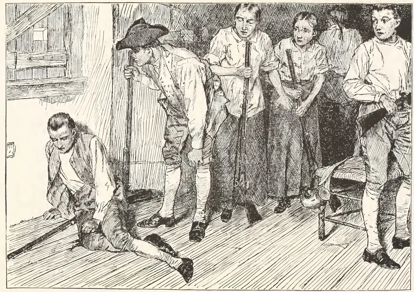 A black and white drawing of a group of men and women huddled in a small room. The men all wear long-sleeved shirts, vests, knee-length pants, high stockings, and buckled shoes. The women wear long-sleeved shirts that have been rolled up to their elbows and long skirts. All of the people hold muskets and look at an man who is slouched down on the ground, holding his injured leg.