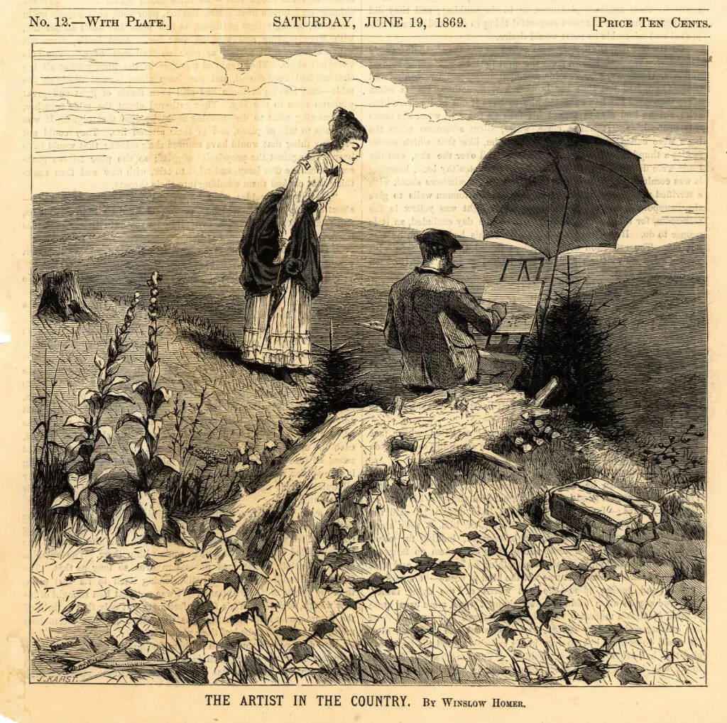 A black and white drawing of a man seated on stool in front of an easel and a mountain range. The easel is under an umbrella. A woman in a long dress stands to the man's left on a small hill, and looks over his shoulder at his work of art.