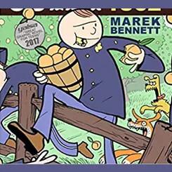 Cartoon showing a soldier holding apples while jumping over a fence.