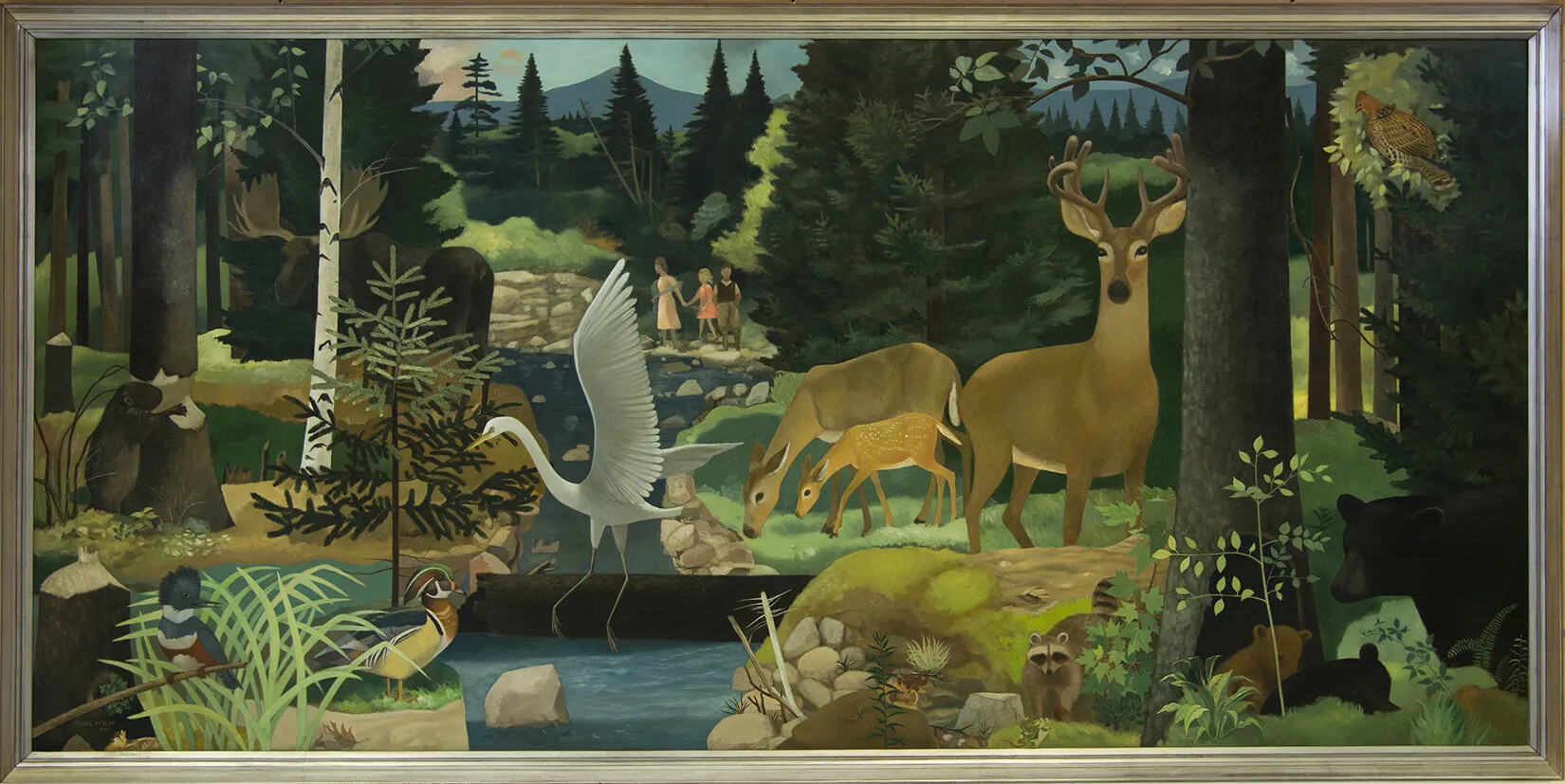 A colored horizontal mural of a forest scene. In the forest are deer, birds of different sizes, beavers, and bears. In the background is a woman and two children walking through the forest.