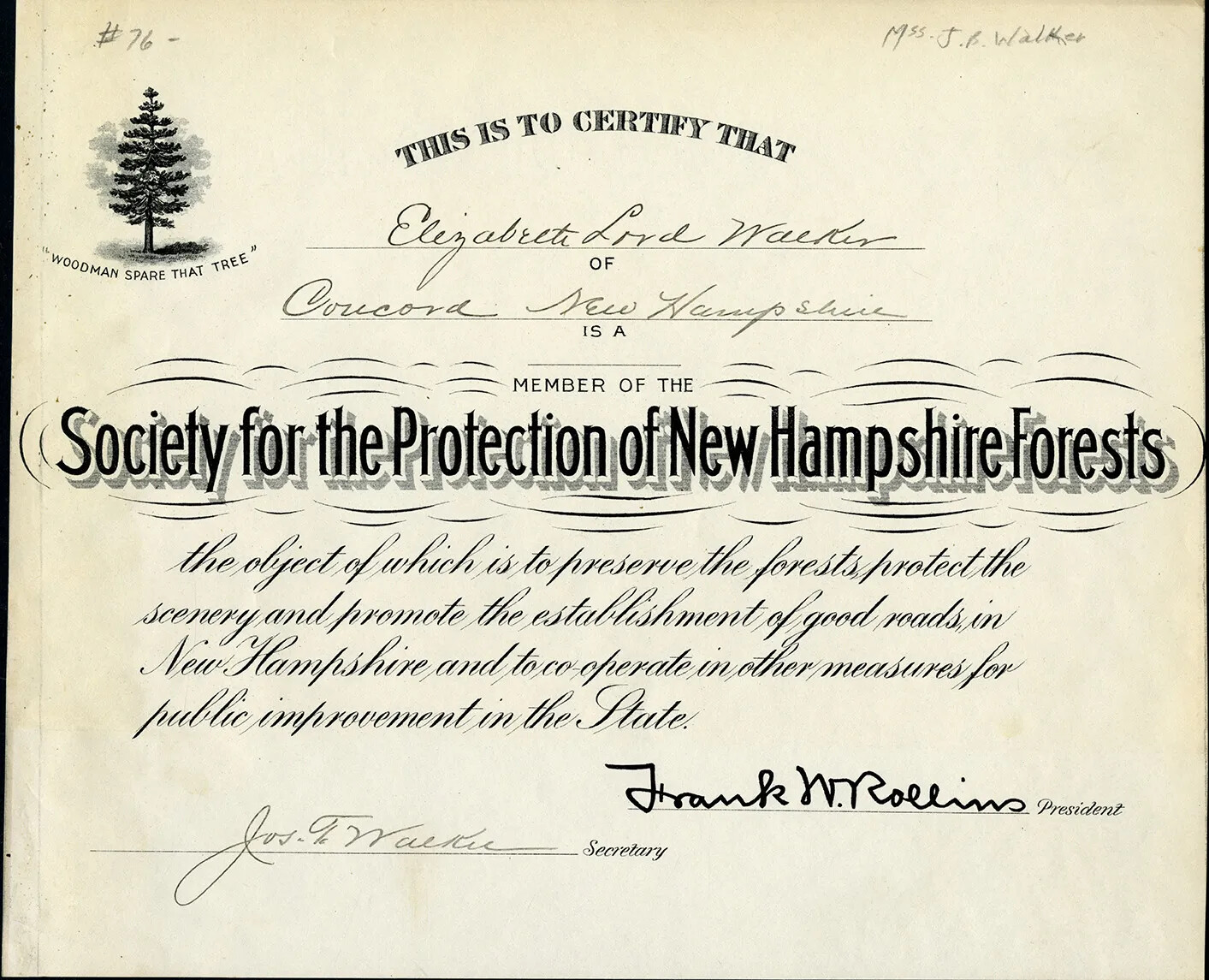A horizontal certificate for members of the Society for the Protection of New Hampshire Forests. It features typed, printed text, as well as handwritten and typed cursive text.