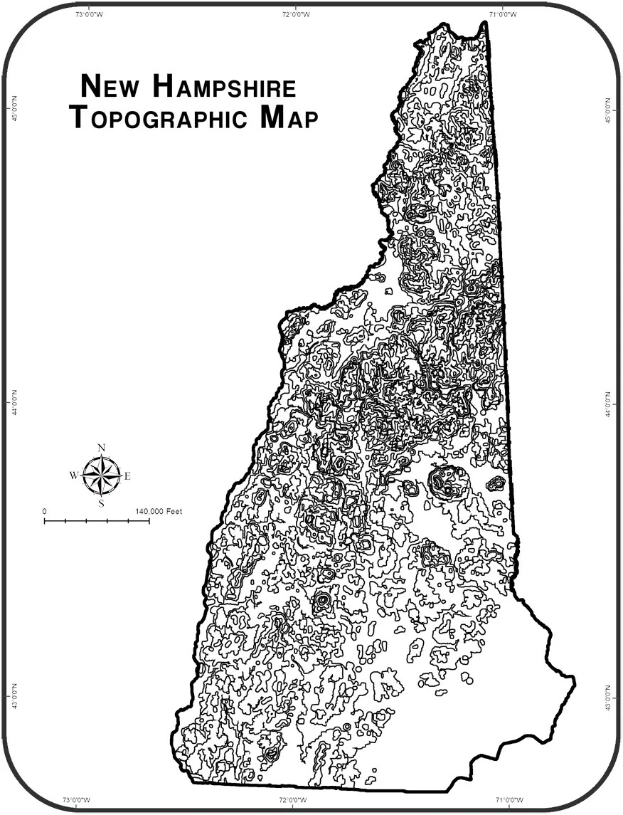 A black and white map of New Hampshire. There are several squiggly circles that overlap each other throughout the state, except in the lower right-hand corner. There are more overlapping circles towards the middle and top of the state. The title of the map, placed in the upper left-hand corner, reads "NEW HAMPSHIRE TOPOGRAPHICAL MAP." Below the title and box are a compass rose and a horizontal line with little vertical lines placed at even intervals.