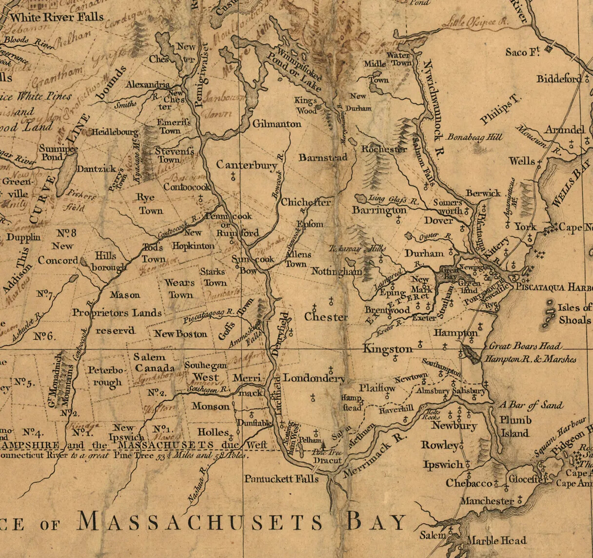 A close-up image of a map showing the border of New Hampshire and Massachusetts. Several towns in southern New Hampshire are labeled in typed black text. 