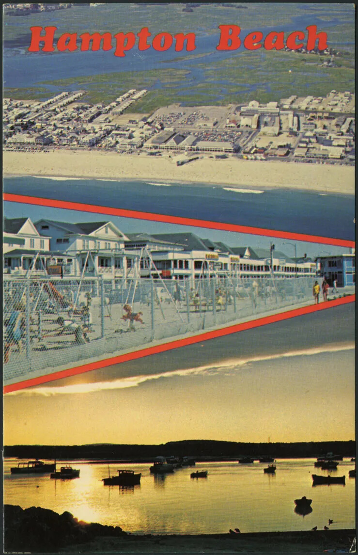 A colored vertical postcard of three separate scenes of a beach. The first scene, at the top of the postcard, shows many buildings placed along the sandy shore of the beach. The second scene, in the middle of the postcard, shows children playing on swing-sets in front of a row of white buildings. The third scene shows a harbor at sunset, with a calm body of water and several boats floating in the water. The title of the postcard, centered along the upper border, reads "Hampton Beach."