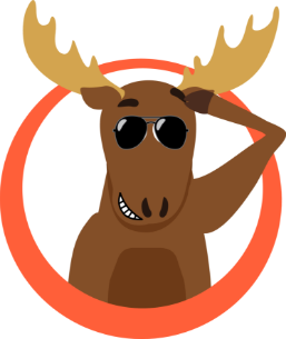 Moose wearing sunglasses and smiling, with one hoof raised in a salute inside a red circle.