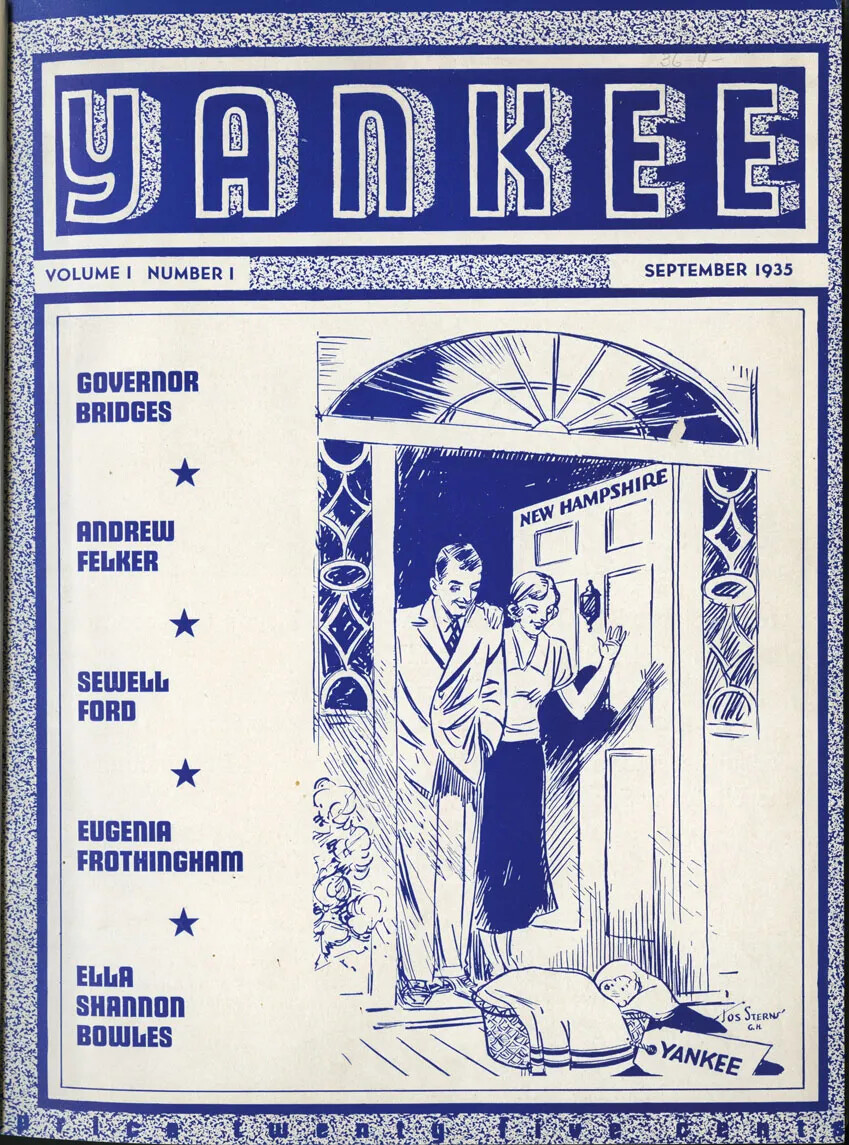 The cover of a magazine is white with blue printing and a drawing. The large title at the top says "YANKEE" with "Volume 1 Number 1" and "September 1935" underneath. There is a drawing of a well-dressed man and woman opening a decorative front door which is labeled NEW HAMPSHIRE. They look surprised and pleased at what they find. On their doorstep is a baby in a basket with a blanket over it. The tag on the baby reads "YANKEE." There are five titles to the left of the drawing listing the stories inside. 