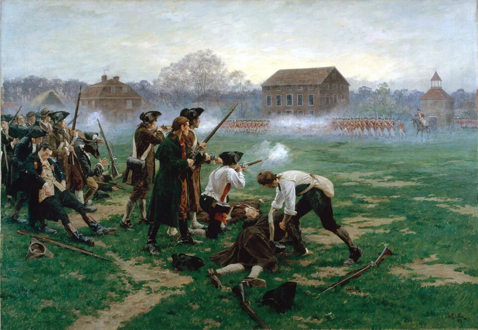 A colored painting of two groups of men firing muskets at each other on a grassy field. The first group stands in a cluster near the left side of the painting, with their backs to the viewer. They all wear different colored pants, shirts, and coats. In the distance, organized lines of soldiers in red jackets and white pants stand in front of several two-and three-storied buildings.