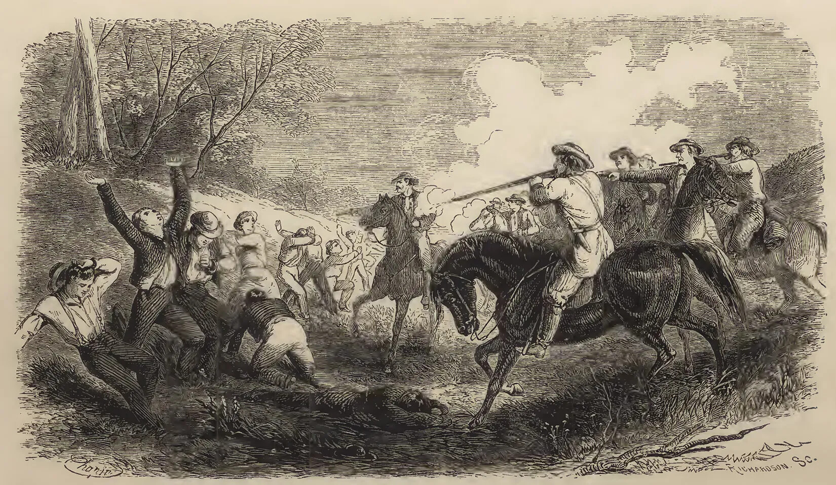 A black and white drawing of a fight between people on foot and people with muskets on horseback. Some of the people are lying on the ground.