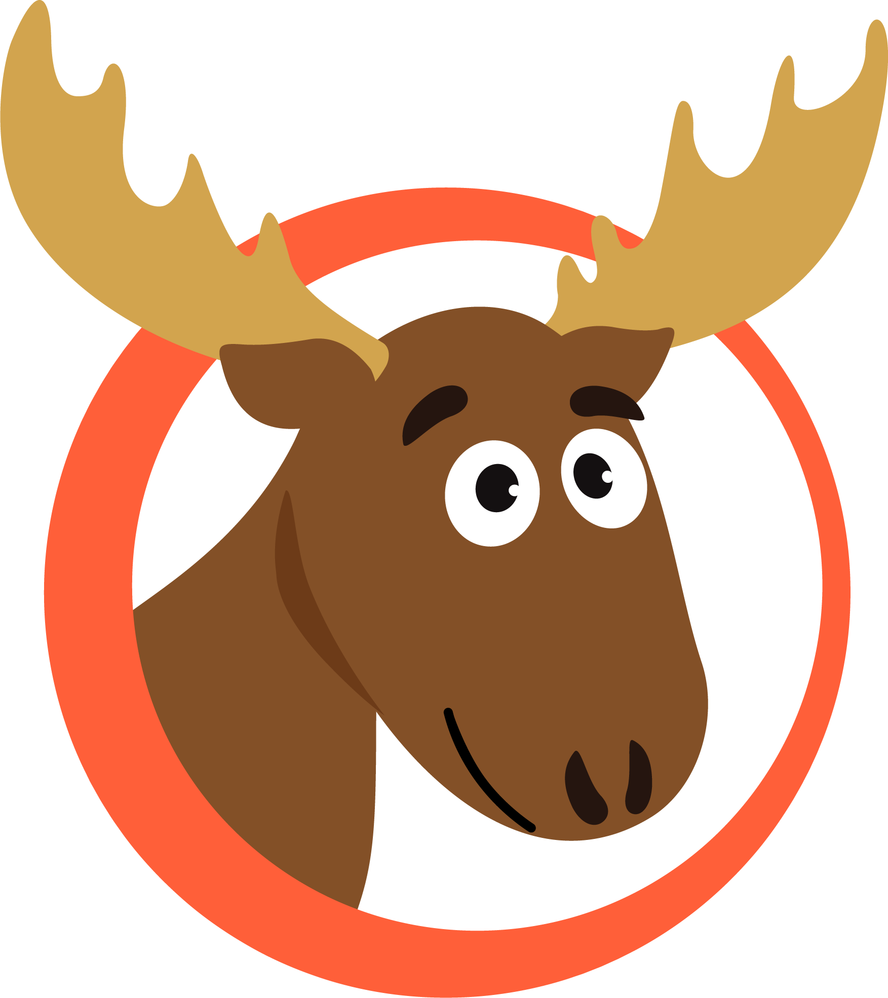 Moose head with antlers and a friendly expression, inside an orange circle.