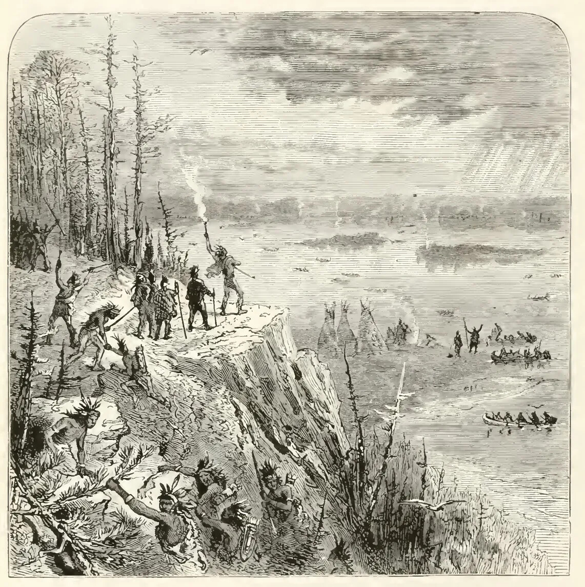A black and white drawing of a group of people climbing a rocky cliff side and standing on the edge of a cliff, looking down at another group of people. Some of the people at the base of the cliff are paddling in a canoe, while others stand to the right of a group of triangular tents. 