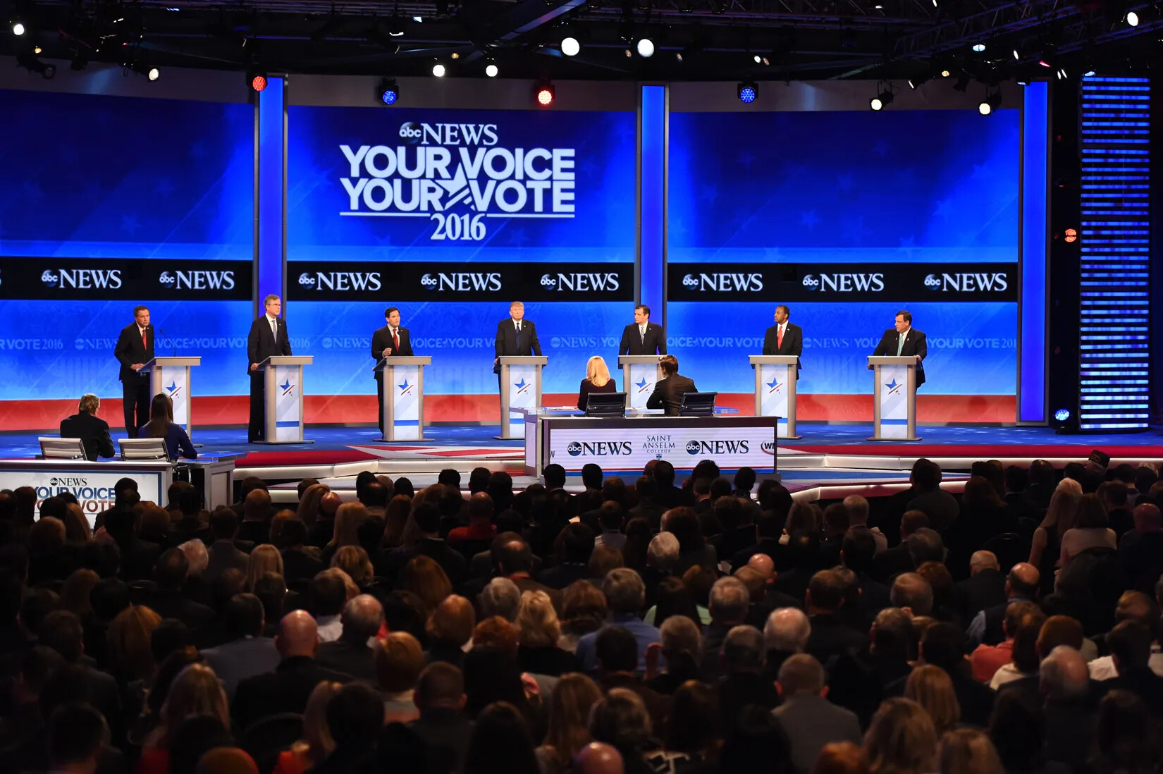 A colored photograph of seven men standing behind podiums on a stage, in front of a large group of people. Two groups of two people sit at tables on the stage, one at the center and one off to the left-hand side. A digital blue sign with white text is placed behind the standing men, which reads "abcNEWS/YOUR VOICE/YOUR VOTE/2016."